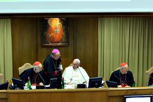 Pope Francis attends the first sessions of the synod on the themes of the family at the Synod Hall on Oct. 6. Pope Francis addressed the fathers of the synod on Monday, as they began their first full day of sessions exploring the pastoral challenges of the family in the context of evangelization.