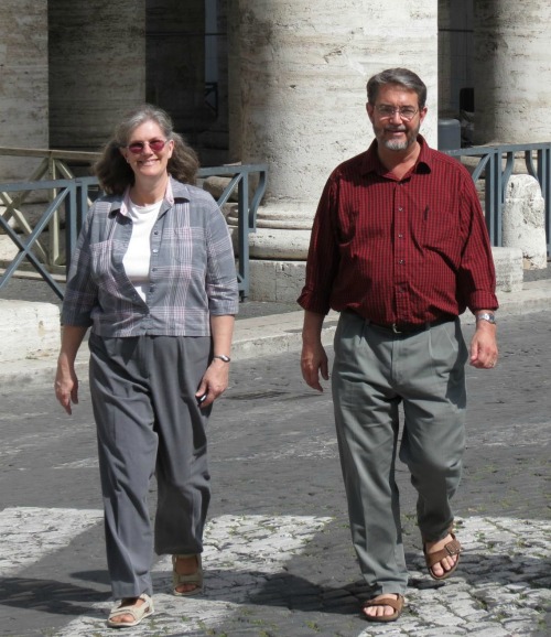 Kimberly and Scott Hahn walk together in St. Peter's Square in Rome on April 4, 2012.