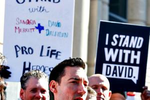 Pro-llfe activist David Daleiden speaks to the media after appearing in court at the Harris County Courthouse on Feb. 4 in Houston.