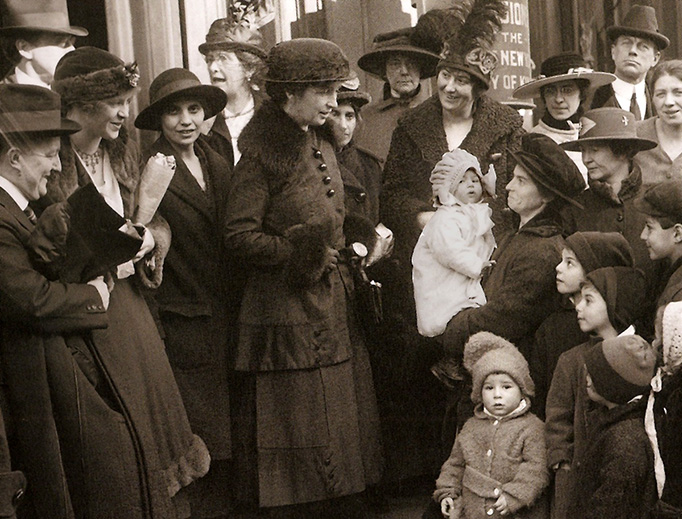 Eugenicist Margaret Sanger stands on the steps of a courthouse in Brooklyn, New York, in 1917.
