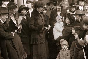 Eugenicist Margaret Sanger stands on the steps of a courthouse in Brooklyn, New York, in 1917.