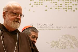 Cardinals Seán O’Malley and Blase Cupich attend Feb. 22 news conference in Rome.