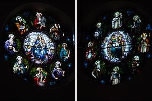 The rose windows of Our Lady of the Angels at Niagara University feature Old Testament figures in the western apse (left), New Testament figures in the eastern apse (right) and angels in the narthex (below).
