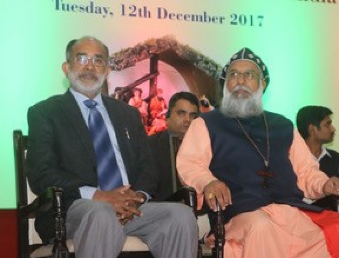 Cardinal Baselios Cleemis, the chairman of the bishops’ conference of India, and Alphons Kannanthanam, the only Christian cabinet minister in India’s national government, attend a Dec. 12 meeting of the bishops’ conference. Below is Archbishop Thomas Macwan of the Diocese of Gandhinagar, Gujarat. He issued a pastoral letter warning against increased nationalism and intolerance against Catholics in India.