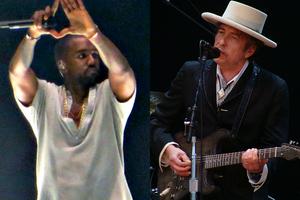 LEFT: Kanye West performs at Bridgestone Arena in Nashville, Tennessee, Nov. 27, 2013 (Heather Byrd/CC BY 2.0). RIGHT: Bob Dylan performs at the Azkena Rock Festival in Vitoria-Gasteiz, Spain, June 26, 2010 (Alberto Cabello from Vitoria Gasteiz/CC BY 2.0).
