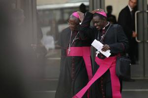 African bishops exiting the Vatican's Paul VI Hall during the Synod of Bishops Oct. 5.