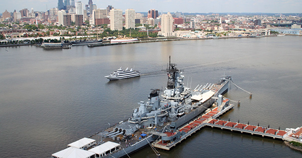 Aerial view of the Battleship New Jersey on the Camden waterfront shows her unobstructed view of the Philadelphia skyline across the river.