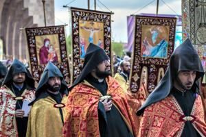 Clergy of Armenian Apostolic Church participate in a canonization ceremony for victims of the Armenian genocide at the Mother See of Holy Etchmiadzin, a complex that serves as the administrative headquarters of the Armenian Apostolic Church, on April 23 in Vagharshapat, Armenia. 