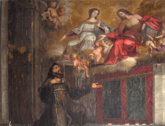 Painting of the 1204 miracle St. Francis experienced in the church in San Damiano, Italy.