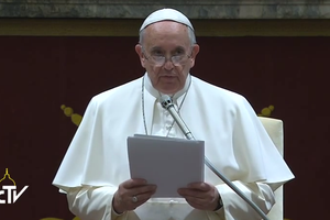 Pope Francis' delivering his traditional Christmas message to heads of the Roman Curia, Dec. 22, 2014.