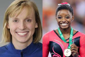 Katie Ledecky (l) and Simone Biles