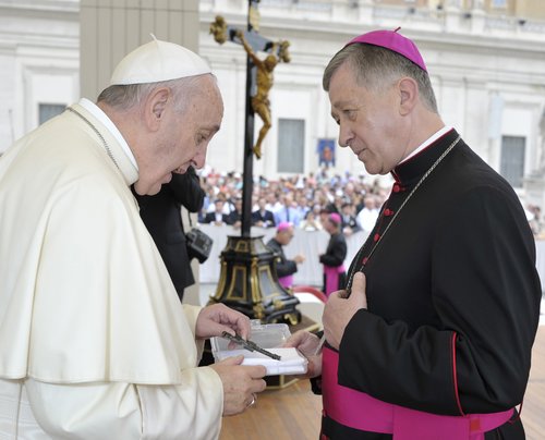 Pope Francis with Archbishop Blase Cupich of Chicago in St. Peter's Square during the Wednesday general audience on Sept. 2, 2015.