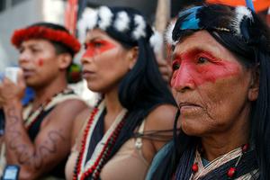 Waorani indigenous people protest outside the Ministry of Natural Resources in Quito, Ecuador, May 16 against the government's extractive policy in the Amazon.