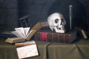 William Michael Harnett, “Memento Mori” (1879). Death is symbolized in this painting by the skull, the extinguished candle, the empty hourglass, and a quote from the graveyard scene in Shakespeare's Hamlet.