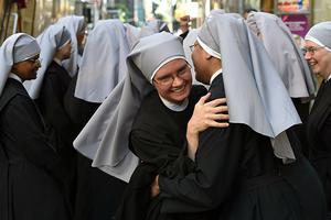 A group of Little Sisters of the Poor gathers in New York City on Sept. 24, 2015, during Pope Francis’ visit to the United States.
