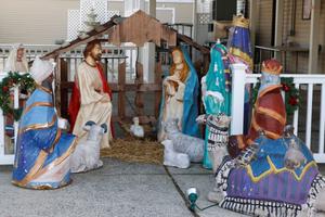 The Nativity scene is currently on display at Grotto Pizza.