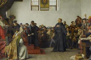 Martin Luther at the Diet of Worms, where he refused to recant his works, which were deemed heretical by the Catholic Church.