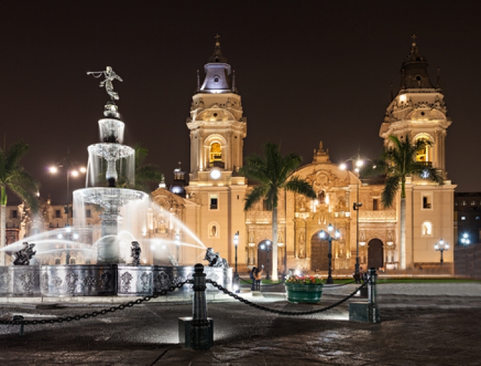 Cathedral in Peru at night. 