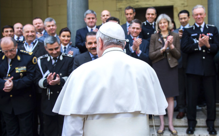 Pope Francis with police chiefs at a meeting of the Santa Marta Group which brings together bishops and police forces around the world to eradicate human trafficking and modern-day slavery. 