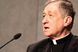 Cardinal Blase Cupich of Chicago speaks at the Vatican Press Office Feb. 18. He spoke about bishop accountability, proposing a plan of action, during the Feb. 21-24 summit in Rome.
