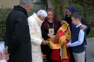 ABOVE: Clare Short from Di Clara presents Pope Emeritus Benedict his 90th Birthday vestment set with a design based on Our Lady of Altötting. BELOW: (1) Making the front section of the chasuble. (2) Our Lady of Altötting. (3-5) Fresh water pearls and garnet stones were used to embellish the embroidery. (6) Pope Emeritus Benedict’s coat of arms. (7-8) The 5 piece set including chasuble, stole, maniple, chalice veil and burse. (9) Part of the embroidered inscription from the lining of the chasuble. (10) Left to right: Pope Emeritus Benedict, Alessandra Dee Crespo, Clare Short and Alex Short.
