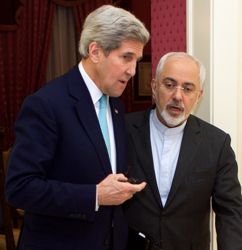 Secretary of State John Kerry walks with Iranian Foreign Minister Javad Zarif during April 2015 negotiations in Lausanne, Switzerland, about the future of Irans’s nuclear program.