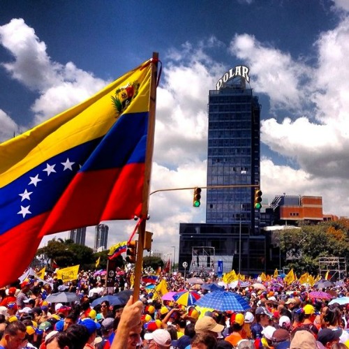 Protesters demonstrate peacefully against the government in Caracas, Venezuela, on Feb. 12.