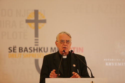 Father Federico Lombardi gives a press briefing in Tirana, Albania.
