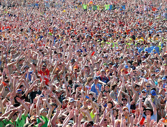 Boy Scouts of America volunteers arrive for the opening ceremony of the Jamboree at the Summit Bechtel Family National Scout Reserve in Mount Hope, West Virginia, on July 16, 2013.
