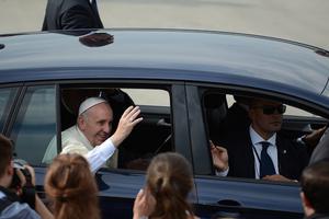 Pope Francis waving to crowds on arrival in Krakow, July 27, 2016.