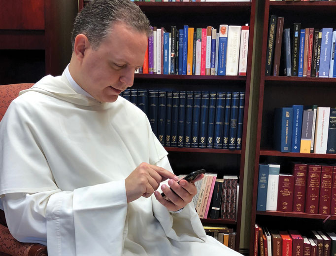 Above, Dominican Father Thomas Petri engages with followers via Twitter; below, Father Leo Patalinghug and Father David Richards also connect with their flocks online. 