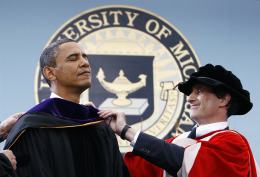 President Barack Obama receives an honorary Doctor of Laws degree May 1 during the University of Michigan commencement ceremonies.