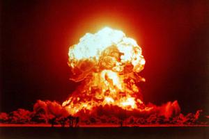 A nuclear bomb explosion at the Nevada Test Site, April 18, 1953.