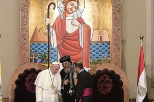 Pope Francis with Pope Tawadros II of Alexandria in Cairo, Egypt, on April 28.