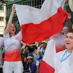 Polish pilgrims celebrate July 28 in Rio de Janeiro after learning that the next worldwide World Youth Day will be hosted in Krakow, Poland. 
