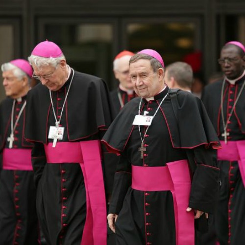 Bishops exiting the Vatican's Paul VI Hall during the synod on the family on Oct. 9.
