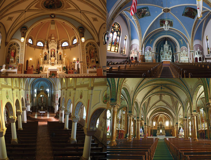 DIVINE DAKOTAS. Clockwise from top left, St. Mary’s in Hague, North Dakota, and Sts. Peter and Paul in Strasburg, North Dakota; St. Anthony’s in Hoven, South Dakota; and Benedictine Abbey in Richardton, North Dakota.
