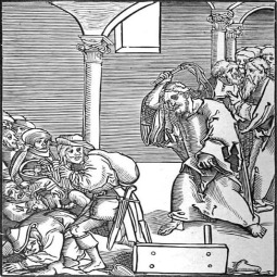Jesus drives out the money changers in the Temple.