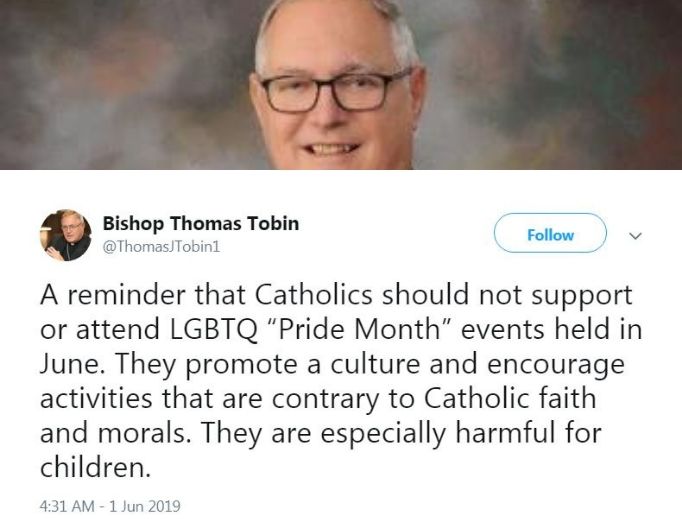 Above, Bishop Thomas Tobin of Providence, Rhode Island, tweeted June 1 about ‘LGBT’ events; below, Father Philip Bochanski of Courage International addresses a Courage conference Oct. 23, 2018.