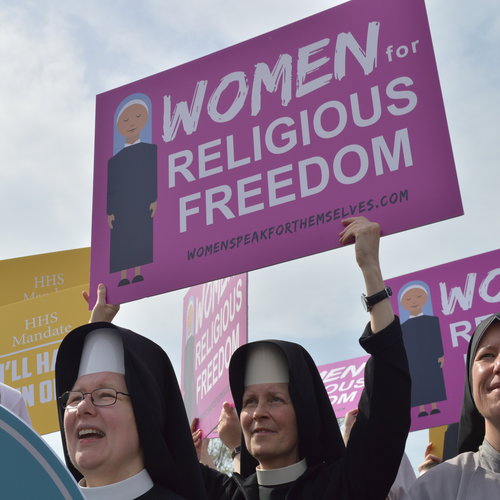 Religious sisters show their support of the Little Sisters of the Poor outside the Supreme Court where oral arguments were heard on March 23 in the Zubik v. Burwell case against the HHS mandate.