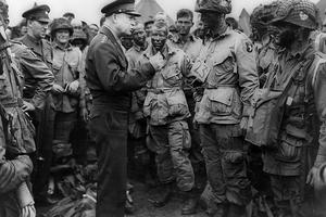 General Dwight D. Eisenhower addresses American paratroopers prior to D-Day.