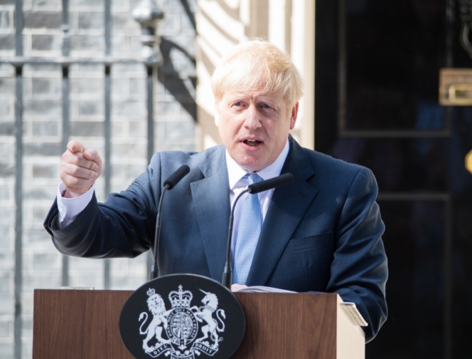 Boris Johnson, U.K. prime minister, delivers a speech outside 10 Downing Street in London, July 24, 2019. 