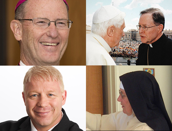 CLOCKWISE FROM UPPER LEFT: Bishop James Conley, Msgr. Peter Wilkinson, Mother Mary Augustine, Scott Sullivan