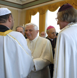 Pope Benedict meets Sheik Armando Hussein Saleh (l) and Rabbi Henry Sobel at St. Benedict Monastery in Sao Paulo, Brazil in 2007.