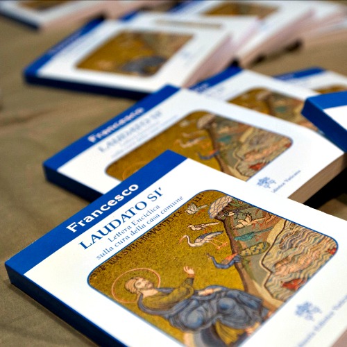 Copies of Pope Francis' encyclical Laudato Si are displayed prior to the start of a press conference, at the Vatican on June 18.