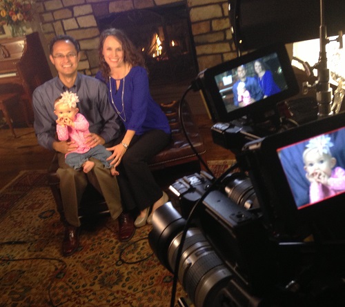 Above, Edward Sri with his wife, Elizabeth, and their daughter on set; below, a roundtable from Beloved video with (from l to r) Crystalina and Jason Evert, Elizabeth and Edward Sri and Michaelann and Curtis Martin.