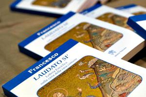 Copies of Pope Francis' encyclical Laudato Si are displayed prior to the start of a press conference, at the Vatican on June 18.