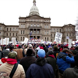 Union members from around the country rally at the Michigan State Capitol Dec. 11 to protest a vote on Right-to-Work legislation.