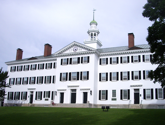 Photograph of Dartmouth Hall at the campus of Dartmouth College in Hanover, New Hampshire.