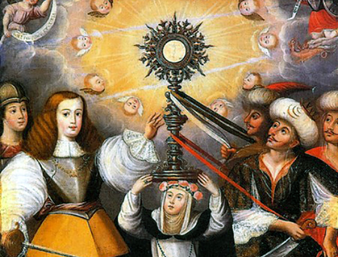 The child Carlos II and Rosa de Lima (St. Rose of Lima) defending the Eucharist against the Moors. Anonymous, Cuzco School, Peru, c. 1670-1685.